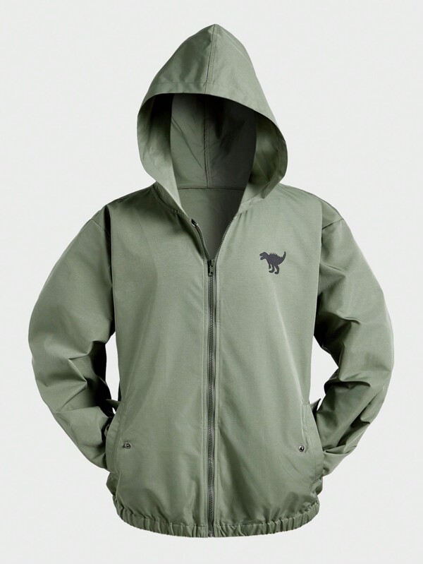 Manfinity RelaxMax Chaqueta con capucha con estampado de dinosaurios para hombre, cortavientos casual verde para uso diario al aire libre