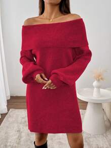 SHEIN Clasi 1 件女士灰色露肩灯笼袖针织毛衣连衣裙新年衣服 - 紅色 - 查看 3