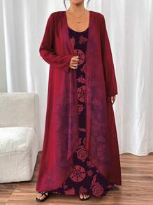 SHEIN LUNE 2pcs/Set Women Solid Color Long Sleeve Minimalist Jacket And Allover Print Spaghetti Strap Camisole Dress Set - Burgundy - View 4