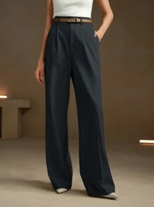 Anewsta Black Urban Chic Casual Loose Straight Waist Belted Suit Pants