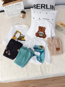 Juego de 6 piezas de ropa deportiva casual para niños pequeños con estampados de oso, dinosaurio y excavadora de dibujos animados, que incluye sudadera y pantalones, adecuado para uso diario, escuela, viajes, deportes, primavera y otoño