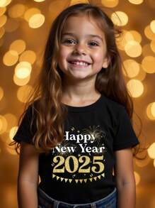 SHEIN 1 Piece Of Young Girl Casual Shiny New Year Greetings Pattern Printed Round Neck Short-Sleeved T-Shirt Suitable For New Year Family Party New Year Gift Family Matching Mommy And Me (4 Pieces Are Sold Separately) - Black - View 3