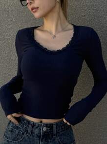 DAZY 女士纯色蕾丝拼接长袖简约衬衫，适合日常休闲穿着，秋季服装 - 藏蓝色 - 查看 5