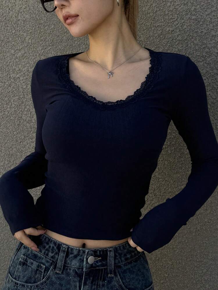 Women Plain & Lace Panel Long Sleeve Minimalist Blouse, Casual For Daily Wear,Fall Clothes