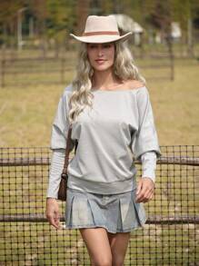 SHEIN LUNE Women's Casual Asymmetric Shoulder Slouchy Long Sleeve Sweatshirt Pullover Fall - Grey - View 4