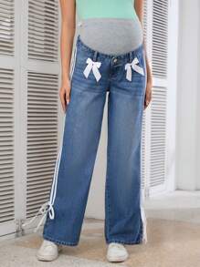 SHEIN Umstandsmode Jeans mit Farbblock Design, Schleifen-Dekor und geradem Bein