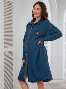 SHEIN 孕妇休闲前扣牛仔连衣裙，秋季 - 深色水洗藍 - 查看 4