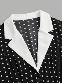 Elenzga 女式翻领圆点拼接收腰简约长裙超长款女装 - 黑與白 - 查看 8