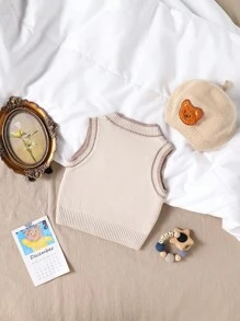 SHEIN Baby Boy Solid Color Patchwork Front Button Sleeveless Pocket Simple Top