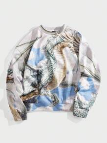 Forever 21 Men's Boxy Oversized Sweatshirt With Dragon Print In Light Grey Fall/Winter