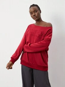 Flirla 1pc Women Asymmetrical Letter Embroidered Shoulder Sweatshirt, Simple Red Pullover Long Sleeve Tops For Autumn/Winter