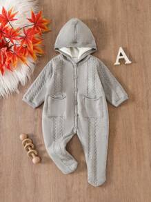 SHEIN Newborn Baby Girl Winter Warm Knitted Hooded Romper - Grey - View 6