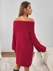 SHEIN Clasi 1 件女士灰色露肩灯笼袖针织毛衣连衣裙新年衣服 - 紅色 - 查看 2