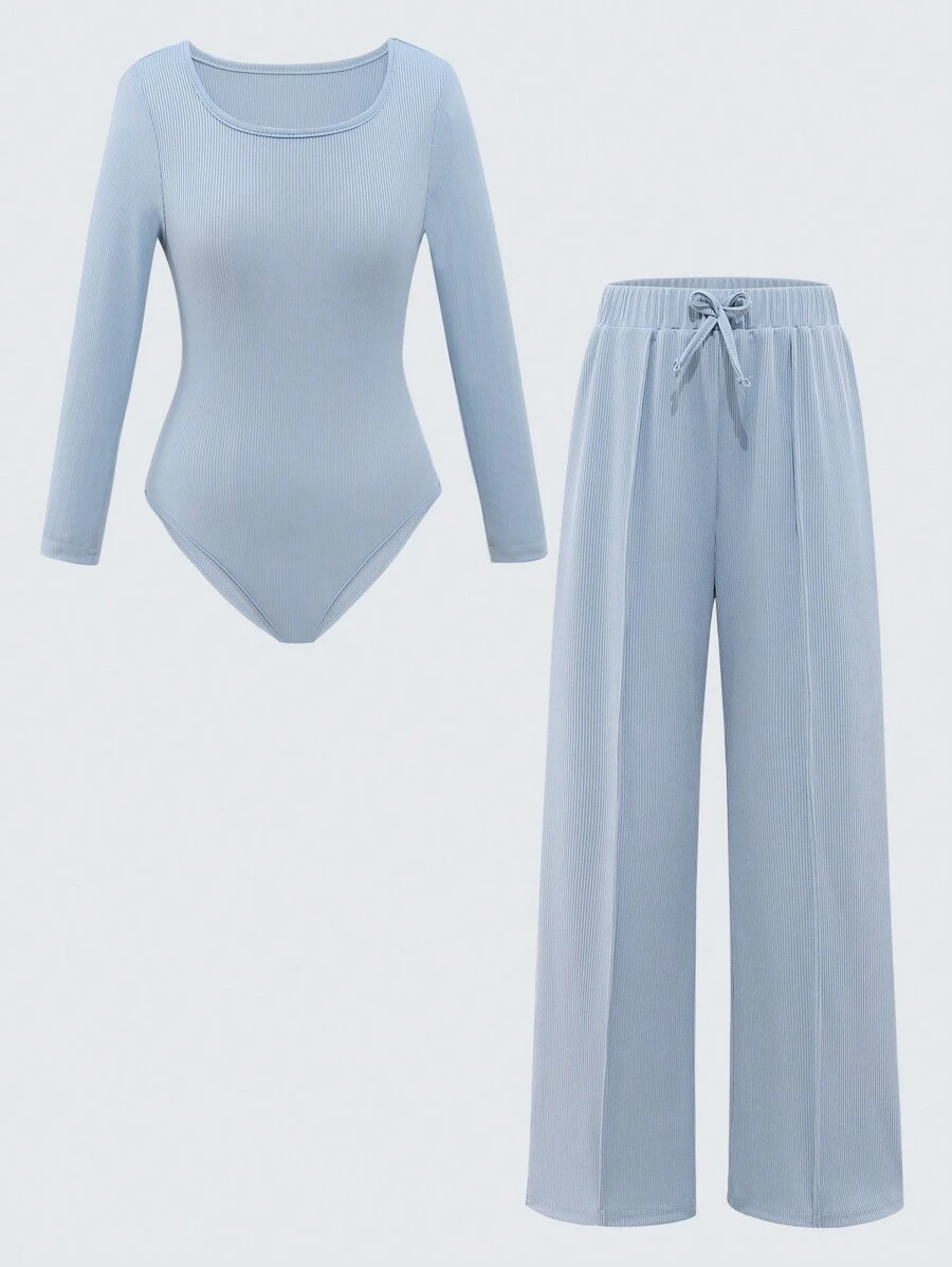 SHEIN 2 件套青少年女孩休闲纯色连体裤上衣 + 宽腿宽松裤 - 藍色 - 查看 1