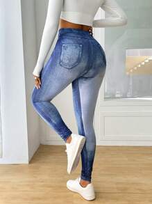 Zolique Femmes Leggings à taille haute effet denim simple, porter casual au quotidien - Bleu azur - Voir 2
