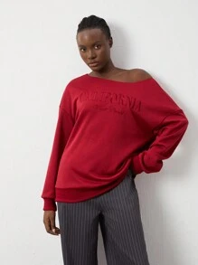 Flirla 1pc Women Asymmetrical Letter Embroidered Shoulder Sweatshirt, Simple Red Pullover Long Sleeve Tops For Autumn/Winter