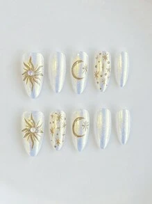 ROMWE Hippie 10 miếng dán móng tay hình trăng lưỡi liềm thanh lịch + 3 miếng dán hai mặt, miếng dán móng tay vẽ tay theo chủ đề mặt trời có thể tháo rời Y2K, nghệ thuật làm móng bóng chất lượng cao, thích hợp cho ngày lễ, tiệc tùng, khiêu vũ và mặc hàng ngày - Nhiều màu - Xem 1