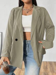 Flirla Plus Size Women Striped Lapel Collar Long Sleeve Double-Breasted Loose Casual Blazer Jacket, Autumn - Multicolor - View 5