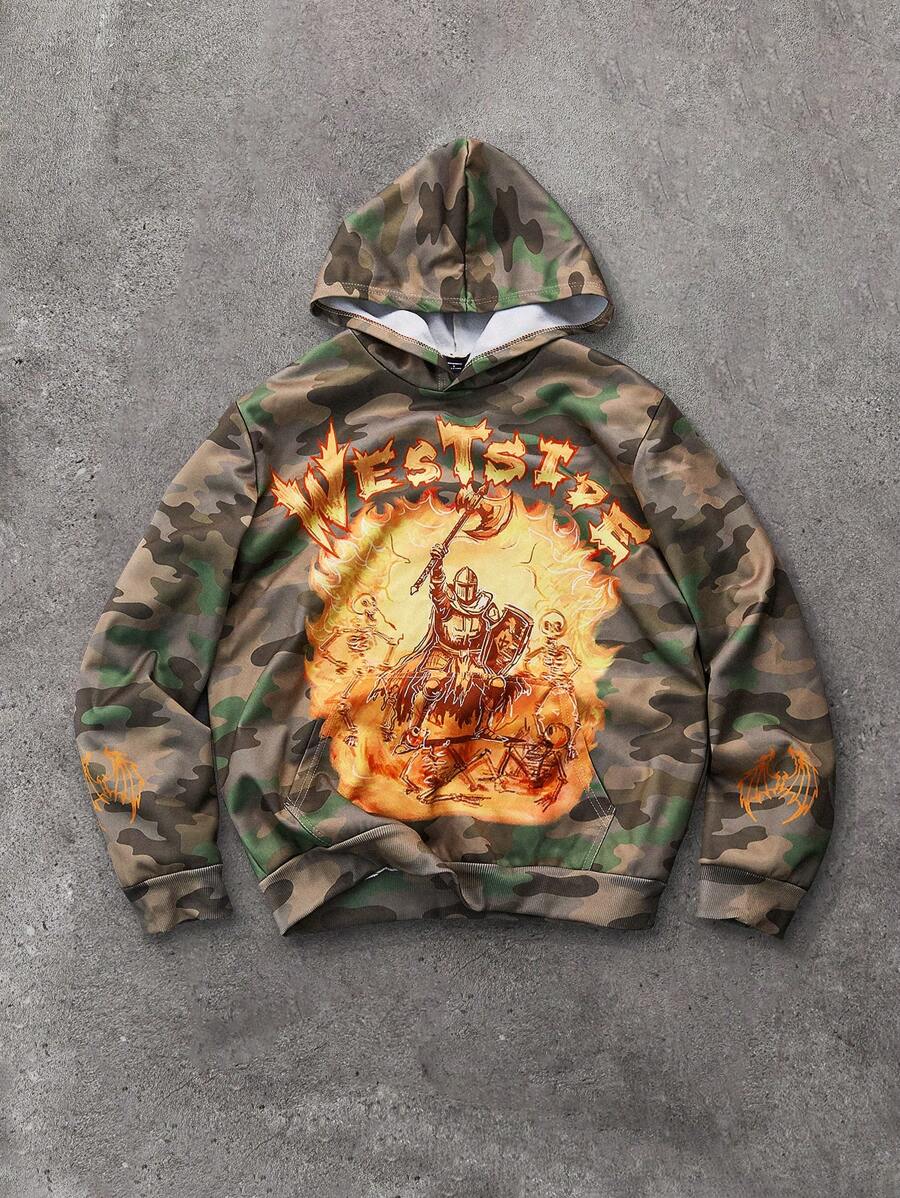 Manfinity EMRG Young Men's Streetwear INS Camouflage Oversized Flame Knight Positioning Burnout Hooded Sweatshirt ,Fall And Winter Men Clothes ,Camo Hoodie ,Orange Pattern - Multicolor - View 1