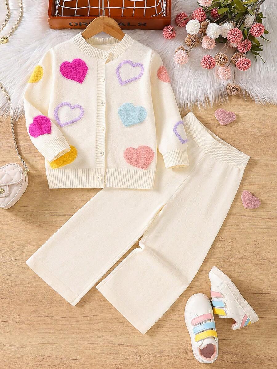 SHEIN Young Girls Sweater Co-Ord Set, Cute & Casual Style Fluffy Heart Pattern Knit Sweater & Skirt 2 Pieces Outfit, Fashionable & Adorable For Girls, Suitable For Commuting, Everyday Wear, And Outings, Autumn/Winter - Apricot - View 1