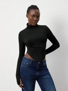 Lunelith SHEIN Lunessa 1pc Women's Casual High Neck Fitted Black Long Sleeve Tee, Versatile For Autumn/Winter