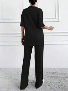 EURMUSE Cotton Two Pieces Set Polo Neck Top And Pant Set Rib Knit Fabric - Dark Grey - View 2