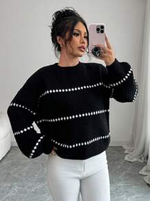 Selianne Loose Striped Print Crew Neck Casual Long Sleeve Women Sweater Knit Pullover Fall Winter Outfit - Black and White - View 4