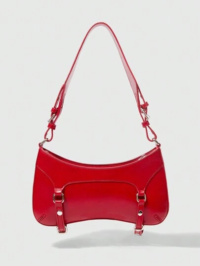 ROMWE Grunge Punk 1pc Women Punk Style Red Crossbody Crescent Bag, Angola Red Color With Rivet Decor