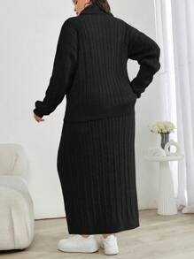 EURMUSE Cable Knit Turtleneck Sweater And Skirt Two Piece Set - Black - View 2
