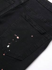 Manfinity Roughcore Men's Button Front Pocket Distressed Denim Jeans, Casual Everyday Wear, Emo Style - Black - View 5