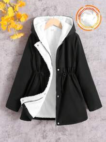SHEIN Parka con capucha para niñas preadolescentes, de cintura ceñida, forrada térmicamente, de hombros caídos, estilo casual y cómodo, adecuada para otoño e invierno, versátil y clásica
