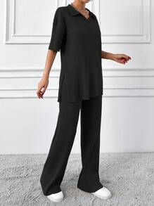 EURMUSE Cotton Two Pieces Set Polo Neck Top And Pant Set Rib Knit Fabric - Dark Grey - View 4