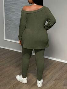 Slaydiva Plus Size Women Ribbed Fabric Asymmetrical Neck Long Sleeve Top And Pants Set, Warm For Autumn/Winter