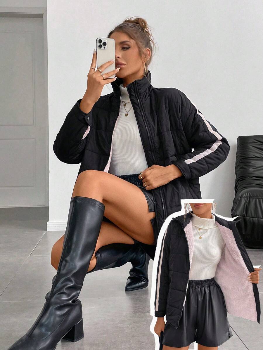 Chiquease Thick Padded Padded Coat Clothes Winter With Contrasting Striped Zipper, Quilted Plaid Pattern, Pockets, Casual Sports Wear - Black - View 1