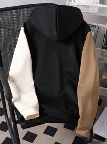 SHEIN 青少年男孩多色拼布时尚哥特朋克风格休闲连帽运动衫，适合秋冬季日常穿着