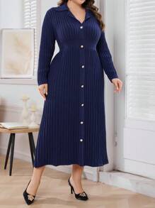 Modelyn Plus Size Solid Color Front Button Down Ribbed Knit Long Sleeve Sweater Dress