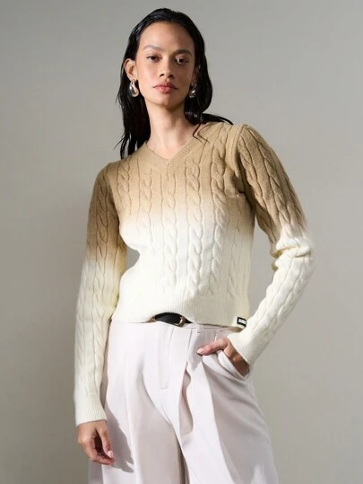 AiiRZ Luxury Cable Knit V-Neck Jumper Ombre Effect Puff Sleeve Winter Autumn Holiday Gift Fashion Statement Knitwear