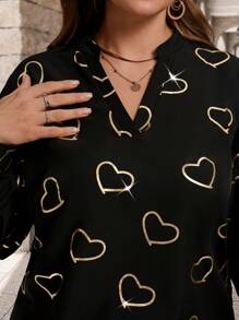 Plus Size Woven Heart Hot Stamping Crew Neck Long Sleeve Shirt, Autumn/Winter