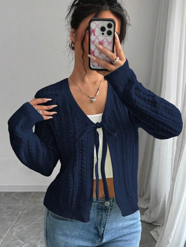 Chiquease Cardigan à manches longues pour femmes, style français casual avec lien réversible, nœud papillon et motif gaufré d'épi de blé. Hauts à manches longues