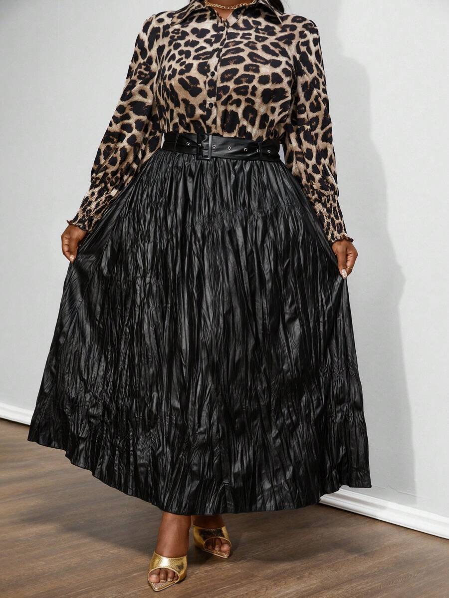 Maweii 大码系腰带百褶印花优雅半身裙