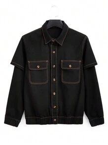 Chillumni Plus Size Men Button Front Long Sleeve Pocket Casual Denim Jacket, Fall - Black - View 1