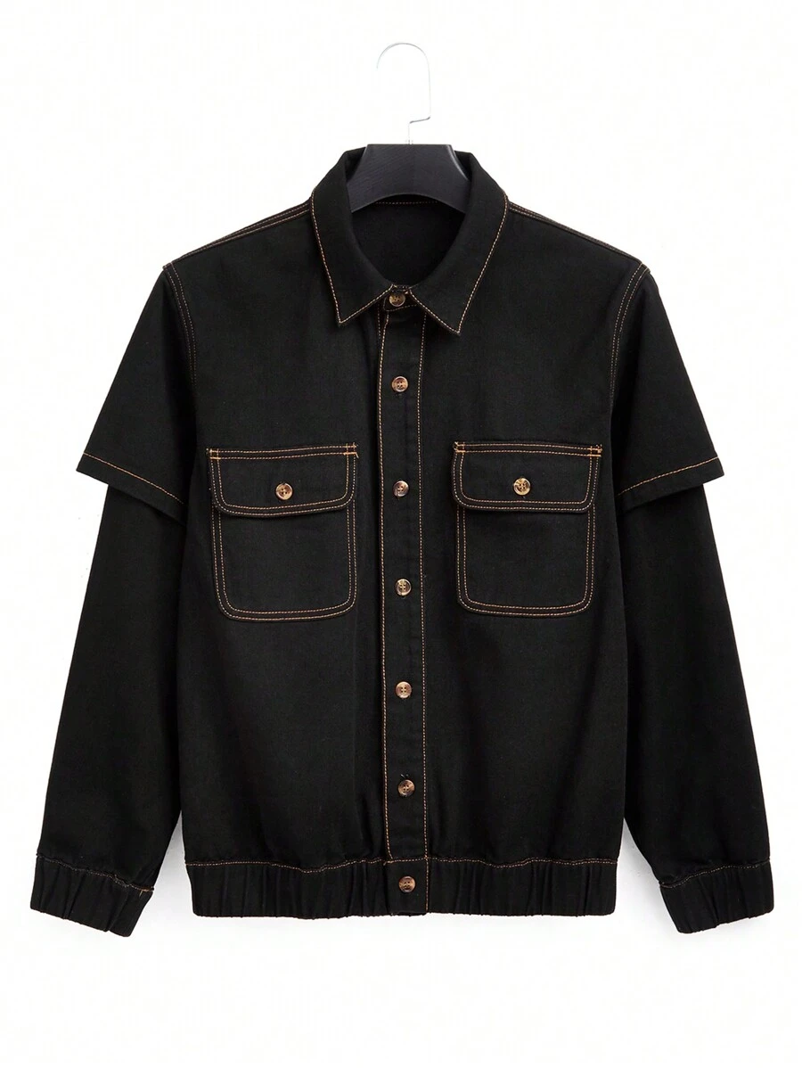 Chillumni Plus Size Men Button Front Long Sleeve Pocket Casual Denim Jacket, Fall - Black - View 1