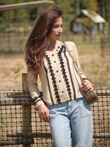 LanaWest Women's Casual Long Sleeve Round Neck T-Shirt, Contrasting Shoulder, Faux Placket Buttons, Floral Cuff & Hem Trim, Knitted Fabric, Black & Apricot, Autumn/Winter