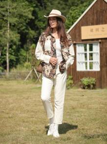 LanaWest 1 pieza Chaqueta casual de cuello camisero con manga larga, hombros caídos y parche de jacquard para otoño