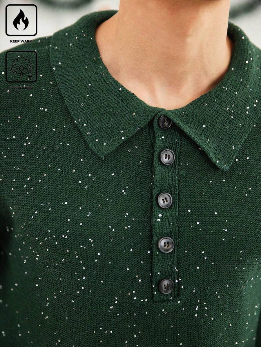 Manfinity Hypemode Jersey de cuello redondo de manga larga casual con lentejuelas para Navidad para hombre, apto para otoño/invierno, para fiestas y amigos - Verde - Ver 1