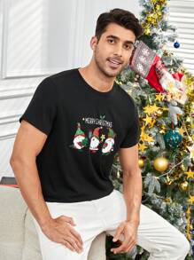 Manfinity Homme 圣诞三个小矮人印花常规版型休闲黑色男式 T 恤 - 黑色 - 查看 2