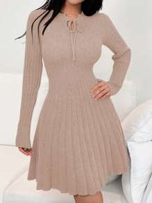 Lunelith SHEIN Lunessa Vestido de suéter ajustado para mujeres con cuello en V, con cordones en la cintura y corte evasé de un solo color