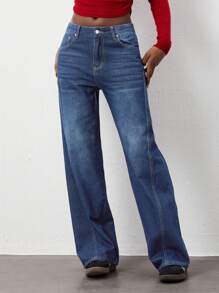 SHEIN Unity Jeans rectos de cintura baja lavados informales - Azul lavado oscuro - Ver 3