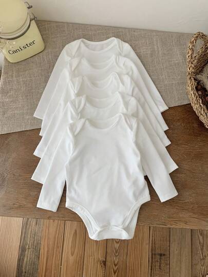 SHEIN LMoss Kids 5 pièces/lot Ensemble de barboteuses mignonne à manches longues blanches pour bébé fille nouveau-né, automne/hiver