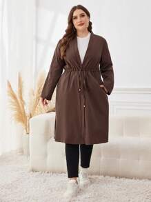 Mulvari 大码女式春秋季纯色落肩长袖抽绳腰袋休闲夹克 - 黑色 - 查看 6